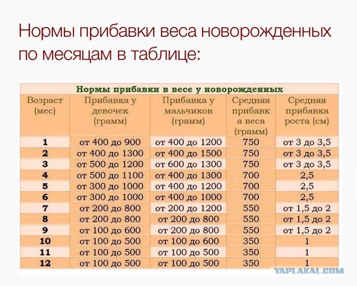Норма прибавки веса у новорожденных по месяцам таблица